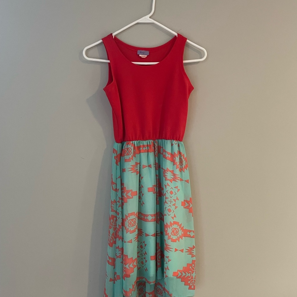 Girls Red, salmon, and teal summer dress